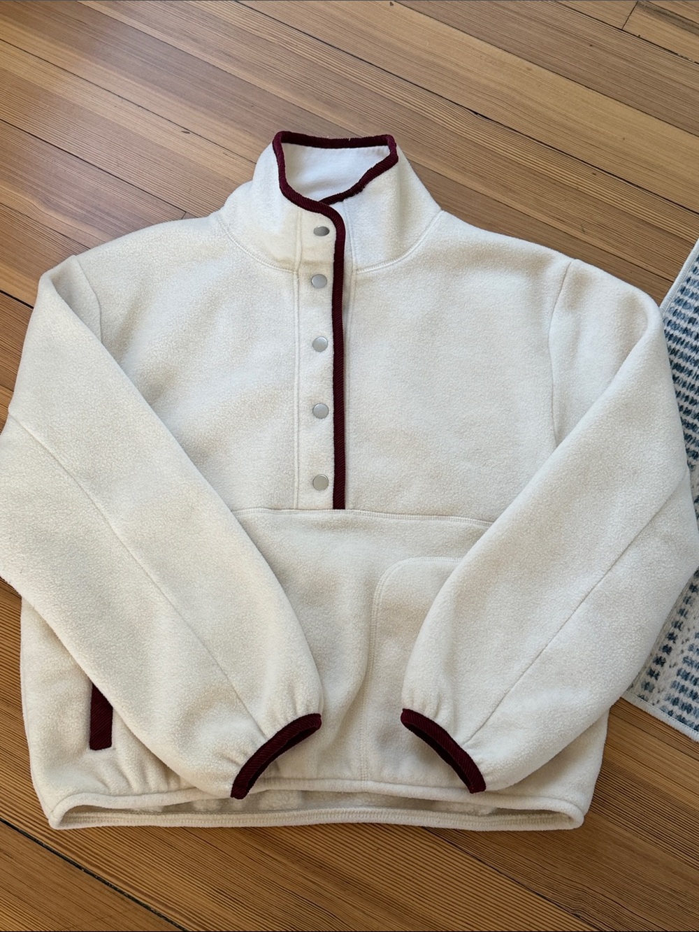 Jcrew Women's Ivory Fleece Snap-Up Pullover with Maroon corduroy Trim m